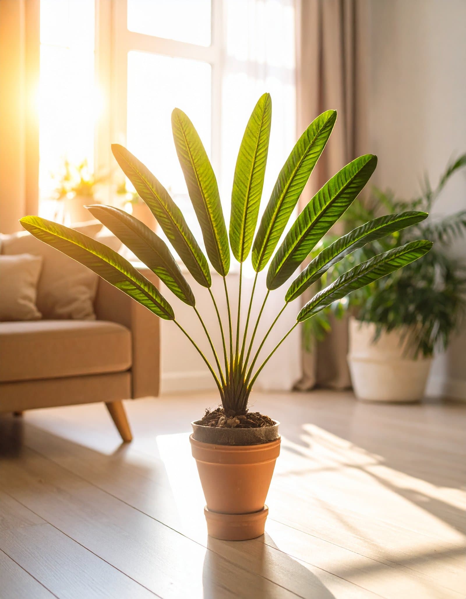 60 CM MINI GREEN TRAVELLERS PALM WITH 9 LEAVES.